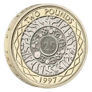 Technology design of concentric rings and gear wheels, TWO POUNDS above, 1997 below, fine lines in the centre