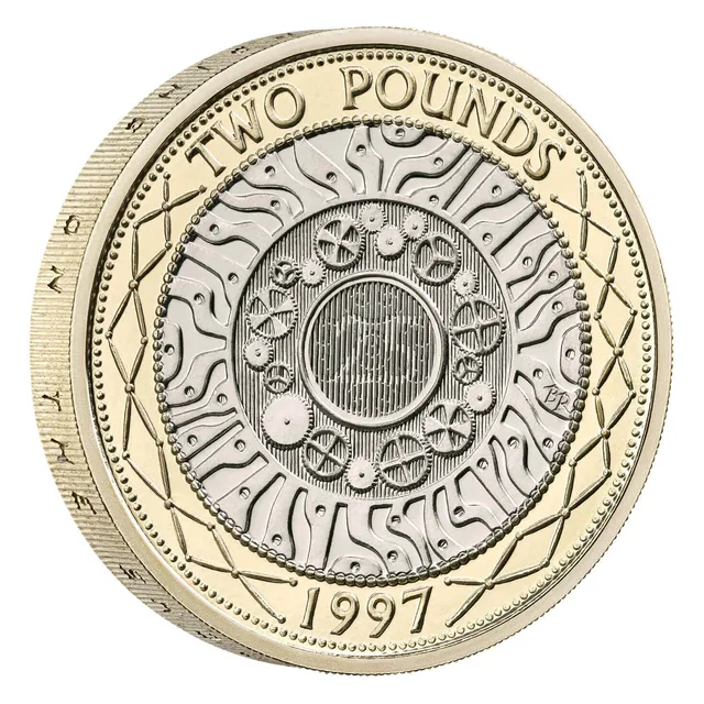 Technology design of concentric rings and gear wheels, TWO POUNDS above, 1997 below, fine lines in the centre