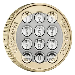 Telephone keypad of twelve buttons whose letters spell PIONEER OF THE TELEPHONE, with ALEXANDER GRAHAM BELL around