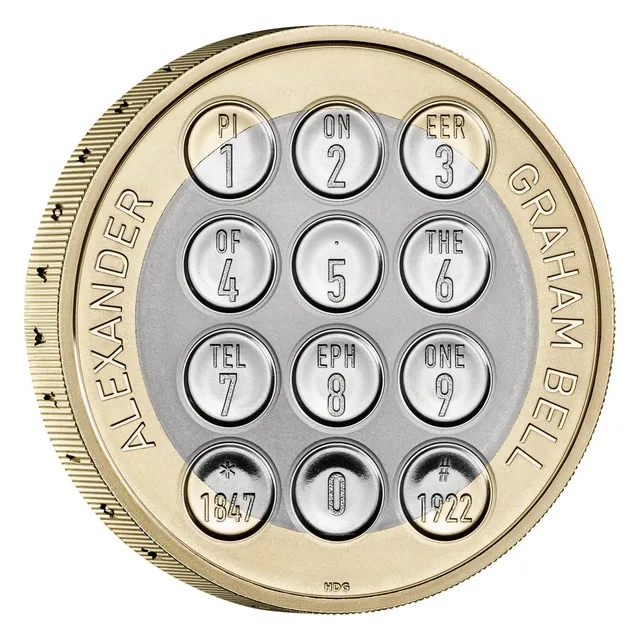 Telephone keypad of twelve buttons whose letters spell PIONEER OF THE TELEPHONE, with ALEXANDER GRAHAM BELL around