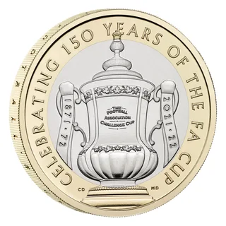 The FA Cup trophy in the centre, seasons at either side, with the anniversary inscription around the outer ring