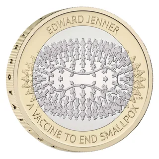 Rows of human figures curving around a smallpox virus, with EDWARD JENNER above and A VACCINE TO END SMALLPOX below