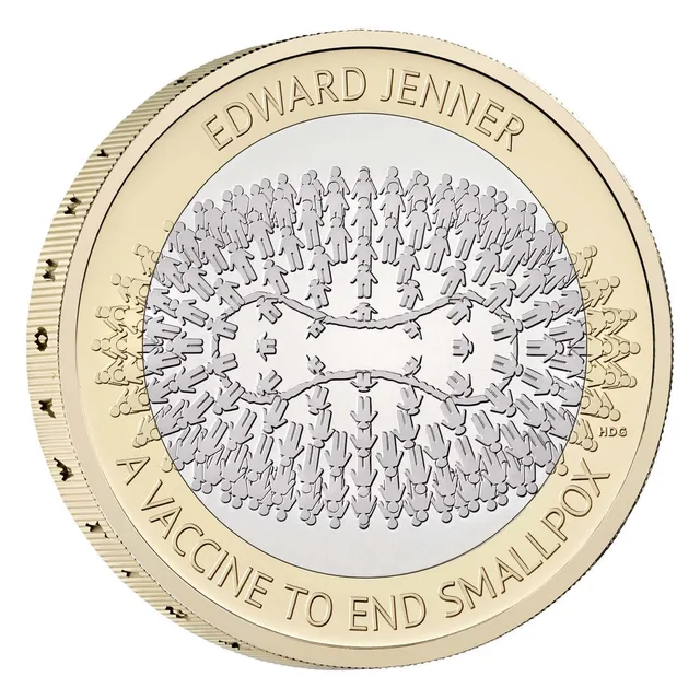 Rows of human figures curving around a smallpox virus, with EDWARD JENNER above and A VACCINE TO END SMALLPOX below