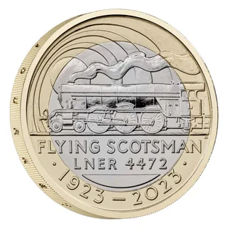 Flying Scotsman steam locomotive in side view heading left under smoke, FLYING SCOTSMAN and LNER lettering below