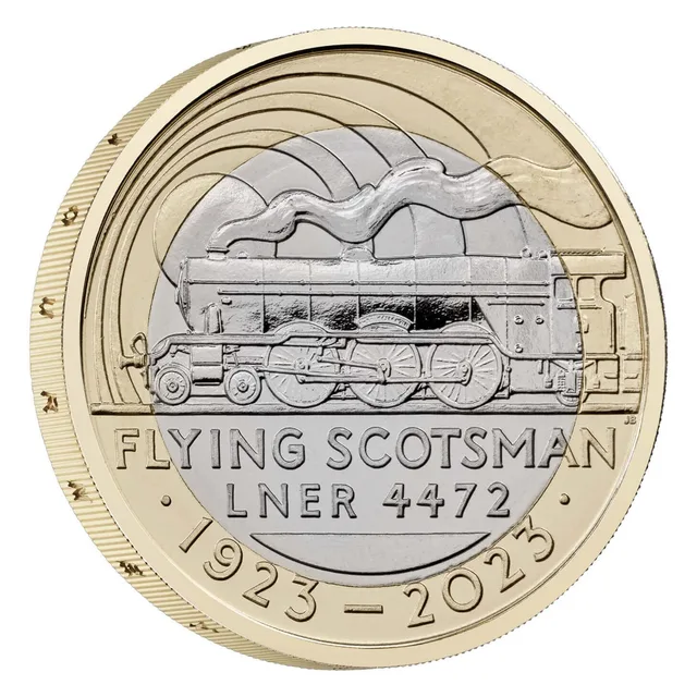 Flying Scotsman steam locomotive in side view heading left under smoke, FLYING SCOTSMAN and LNER lettering below
