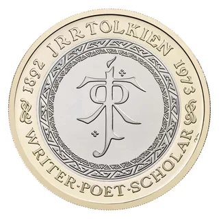 J.R.R. Tolkien's monogram inside an angular runic band, J R R TOLKIEN above and WRITER POET SCHOLAR below