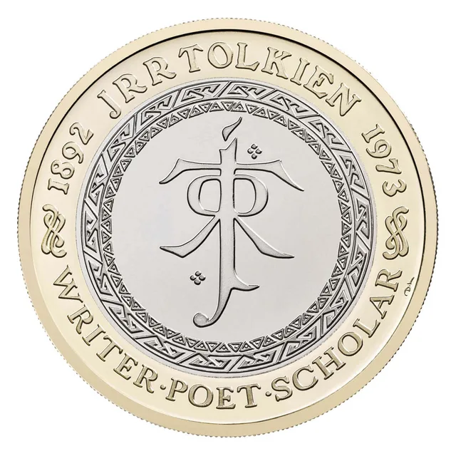 J.R.R. Tolkien's monogram inside an angular runic band, J R R TOLKIEN above and WRITER POET SCHOLAR below