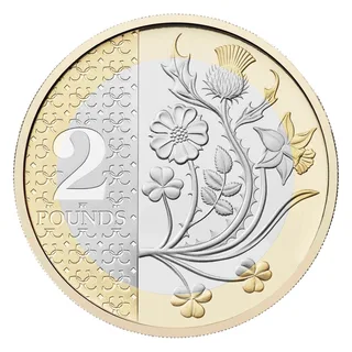 Large numeral 2 on a textured panel beside a spray of rose, daffodil, thistle and shamrock reaching the outer ring