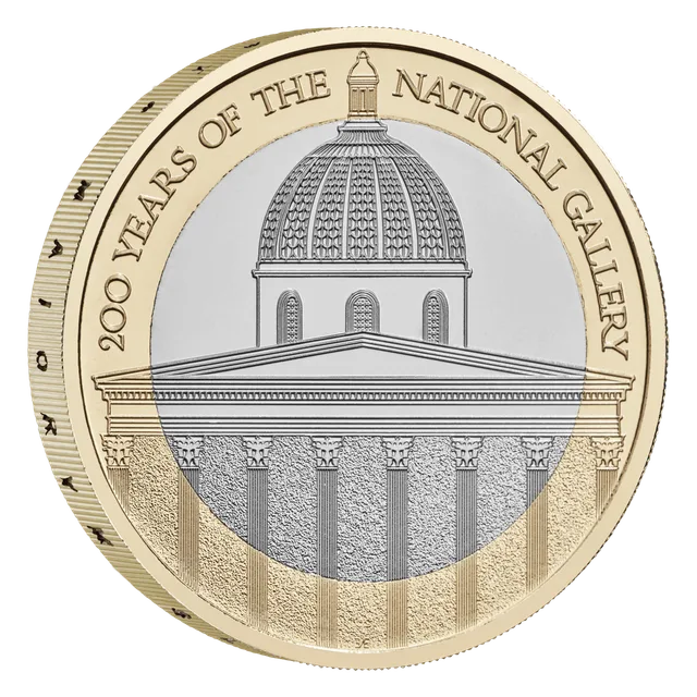 The National Gallery's dome and columned portico, with the anniversary inscription arching over the top of the ring
