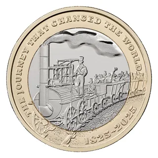 Locomotion No. 1 heading left with a man aboard, hauling wagons packed with passengers, a legend around the ring