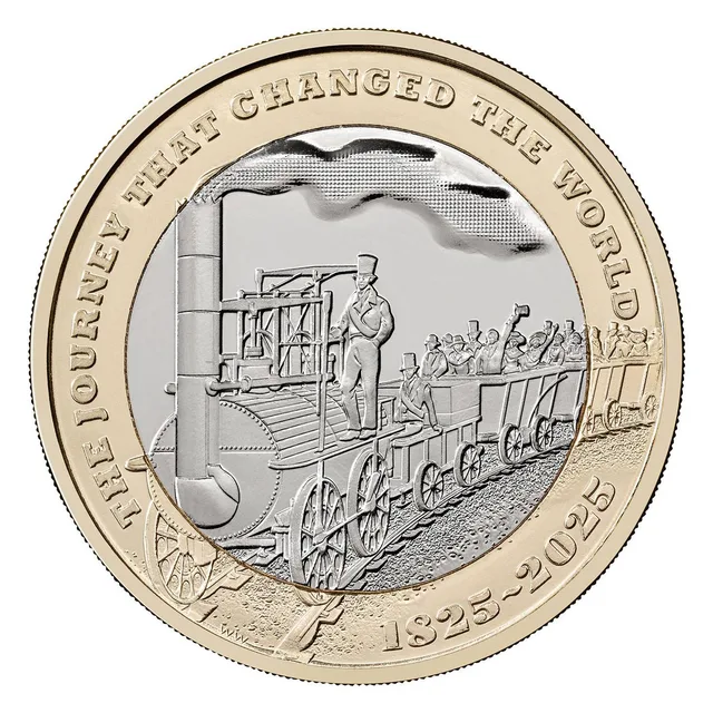 Locomotion No. 1 heading left with a man aboard, hauling wagons packed with passengers, a legend around the ring