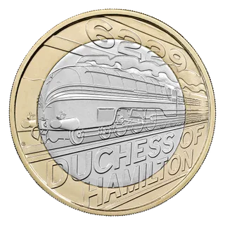 Streamlined Duchess of Hamilton locomotive heading left with Art Deco speed stripes, name in large letters lower right