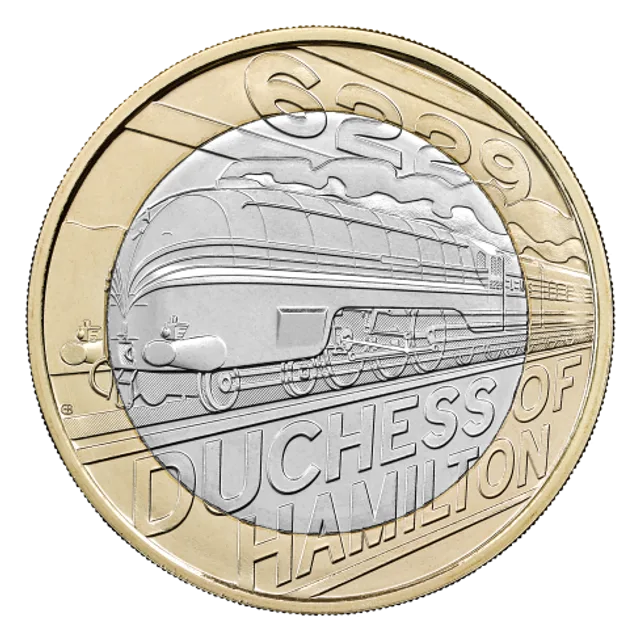 Streamlined Duchess of Hamilton locomotive heading left with Art Deco speed stripes, name in large letters lower right