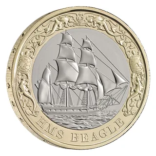 HMS Beagle under sail on the sea, inside a border of foliage and animals with tortoises either side, HMS BEAGLE below