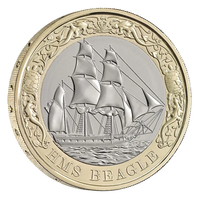 HMS Beagle under sail on the sea, inside a border of foliage and animals with tortoises either side, HMS BEAGLE below