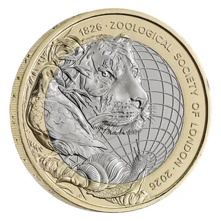 A tiger's head, a dove and a snail over a gridded globe, ZOOLOGICAL SOCIETY OF LONDON around the outer ring