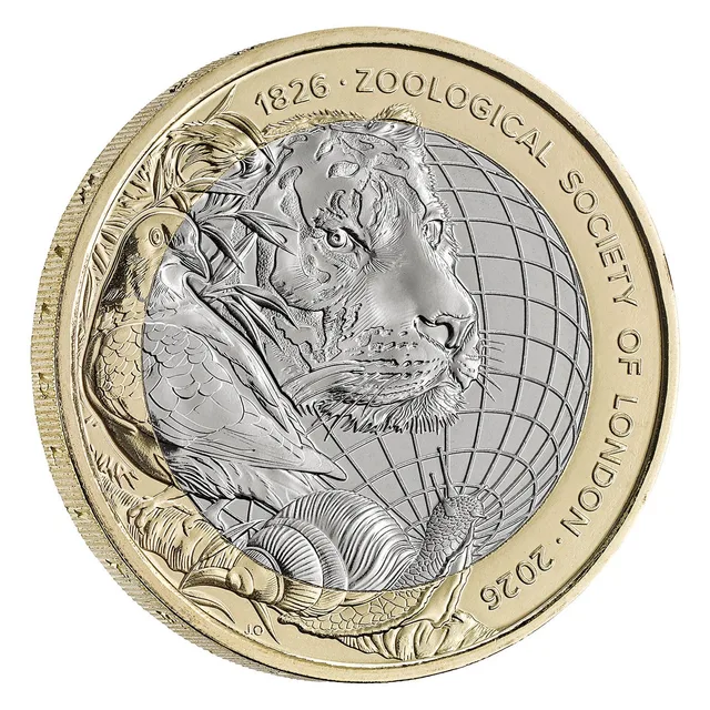 A tiger's head, a dove and a snail over a gridded globe, ZOOLOGICAL SOCIETY OF LONDON around the outer ring