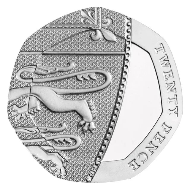 Lower right section of the Royal Shield of Arms with Scottish and English lions, and TWENTY PENCE along the rim