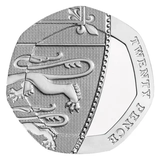Lower right section of the Royal Shield of Arms with its lions and TWENTY PENCE on the rim, and no date