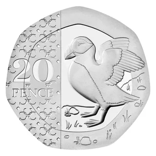 Left-facing puffin with 20 and PENCE at the left on a small panel of linked letter Cs