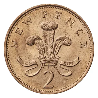 Prince of Wales's feathers in a coronet with ICH DIEN below, reading NEW PENCE above and 2 below, in a beaded border