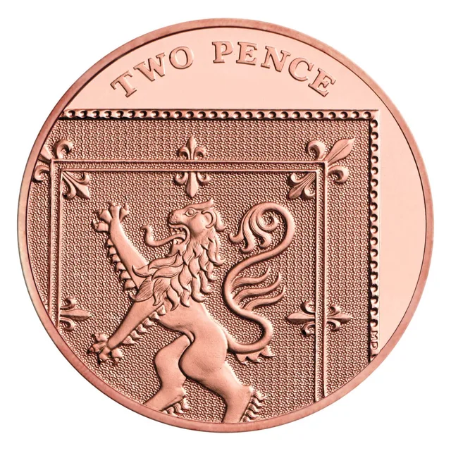 Top right section of the Royal Shield of Arms: Scotland's lion rampant in a fleur-de-lis border, TWO PENCE above