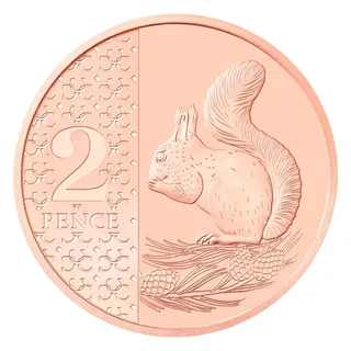 A red squirrel sitting upright over pine cones and branches, with a large 2 over PENCE on a patterned panel at left