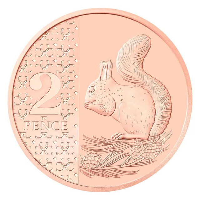 A red squirrel sitting upright over pine cones and branches, with a large 2 over PENCE on a patterned panel at left