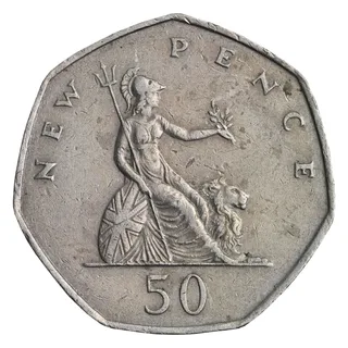 Britannia seated beside a lion with shield, trident and olive branch, NEW PENCE above and 50 below