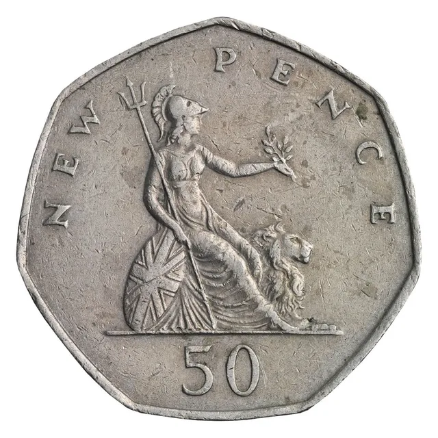 Britannia seated beside a lion with shield, trident and olive branch, NEW PENCE above and 50 below