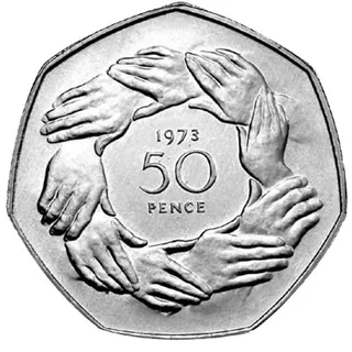 A ring of nine clasped hands around the date 1973 above 50 PENCE