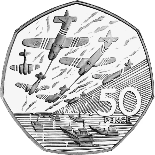 Seven aircraft over five landing craft heading left towards Normandy, with 50 PENCE on the right