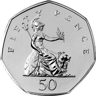Smaller 50p with seated Britannia, lion, shield, trident and olive branch, FIFTY PENCE above and 50 below