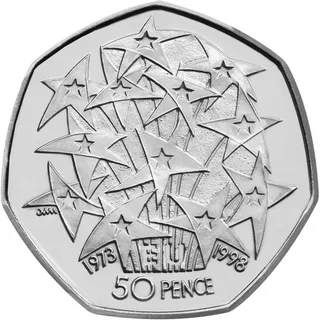 Twelve stars in a celebratory group above the line 1973 EU 1998, with 50 PENCE below