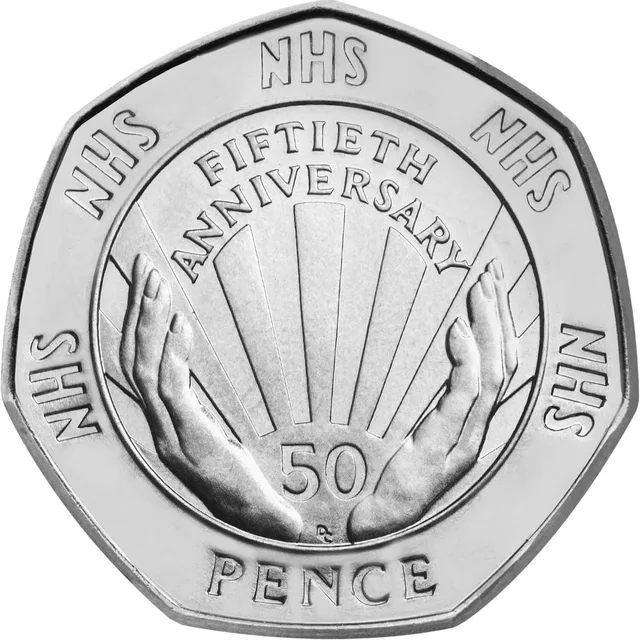 A pair of hands against radiating rays, FIFTIETH ANNIVERSARY above, 50 PENCE below and NHS around the border