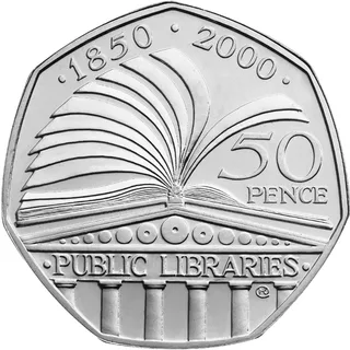 An open book with turning pages on top of a columned library building, with the anniversary dates above