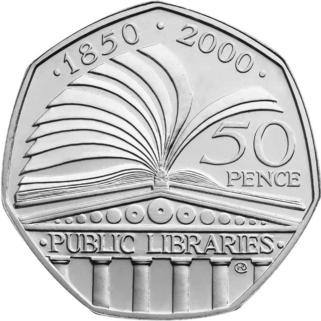 An open book with turning pages on top of a columned library building, with the anniversary dates above