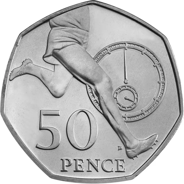 The legs of a running athlete in front of a stylised stopwatch showing just under four minutes, 50 PENCE below