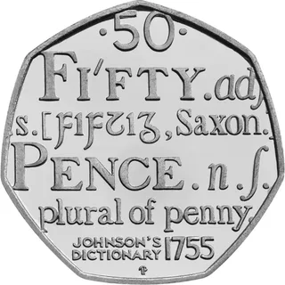 Samuel Johnson's dictionary entries for FIFTY and PENCE set like a printed page, JOHNSON'S DICTIONARY below