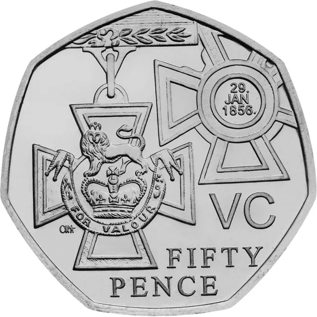 Front and back of the Victoria Cross medal side by side, with VC and FIFTY PENCE at the lower right