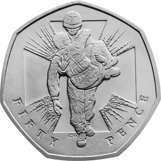 A soldier carrying a wounded comrade in front of the outline of the Victoria Cross and a sunburst, FIFTY PENCE below