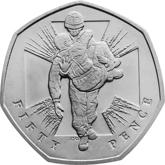 A soldier carrying a wounded comrade in front of the outline of the Victoria Cross and a sunburst, FIFTY PENCE below
