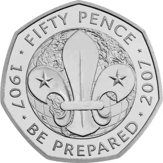 The Scout fleur-de-lis badge over a globe, FIFTY PENCE above, 1907 and 2007 at the sides, BE PREPARED below