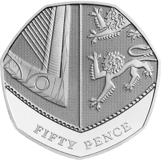 The pointed base of the Royal Arms shield, with parts of the Irish harp and English lions quarters, FIFTY PENCE below
