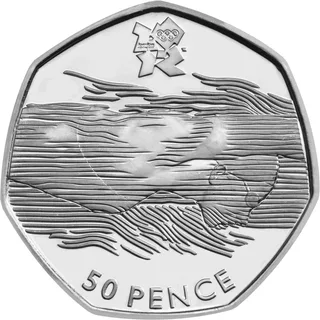 Swimmer face down in rippling water with wave lines running across the face, London 2012 logo above