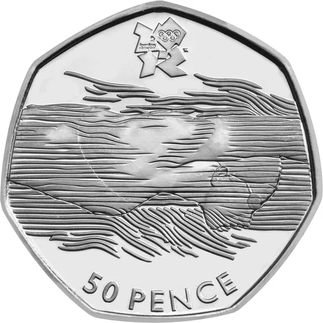 Swimmer face down in rippling water with wave lines running across the face, London 2012 logo above