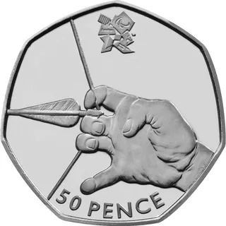 Close-up of a hand drawing back a bowstring with an arrow, Paralympic London 2012 logo above, 50 PENCE below