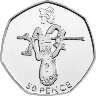 A high jumper drawn in simple lines clears the bar beneath the London 2012 logo, with 50 PENCE curved below