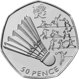 Large shuttlecock at left beside rows of small badminton players in different strokes, London 2012 logo above