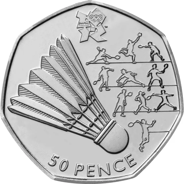 Large shuttlecock at left beside rows of small badminton players in different strokes, London 2012 logo above